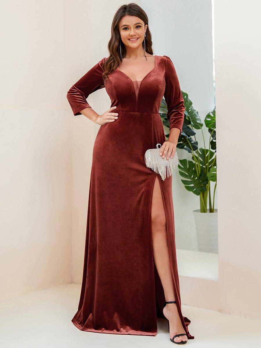 Robe de Soirée en Velours Col en V Plongeant Fendue Grande Taille