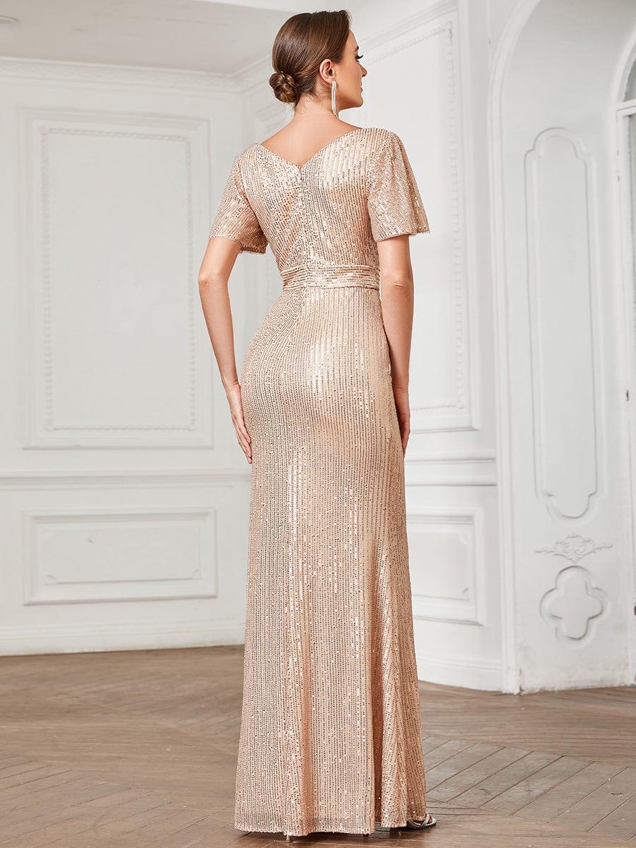 Robe de soirée taille empire plissée à manches courtes et sequins #Couleur_Or Rose