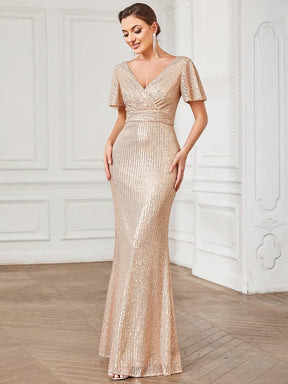 Robe de soirée taille empire plissée à manches courtes et sequins