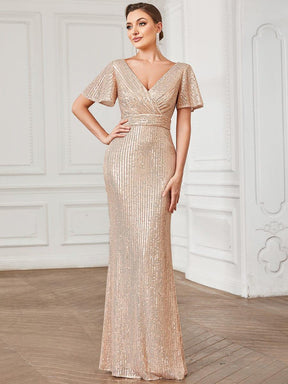 Robe de soirée taille empire plissée à manches courtes et sequins