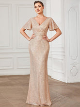 Robe de soirée taille empire plissée à manches courtes et sequins #Couleur_Or Rose