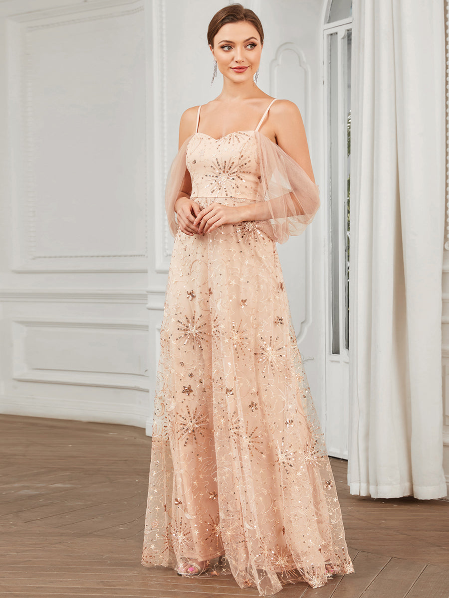 Robe de soirée drapée en tulle à sequins et épaules dénudées