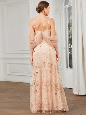 Robe de soirée drapée en tulle à sequins et épaules dénudées