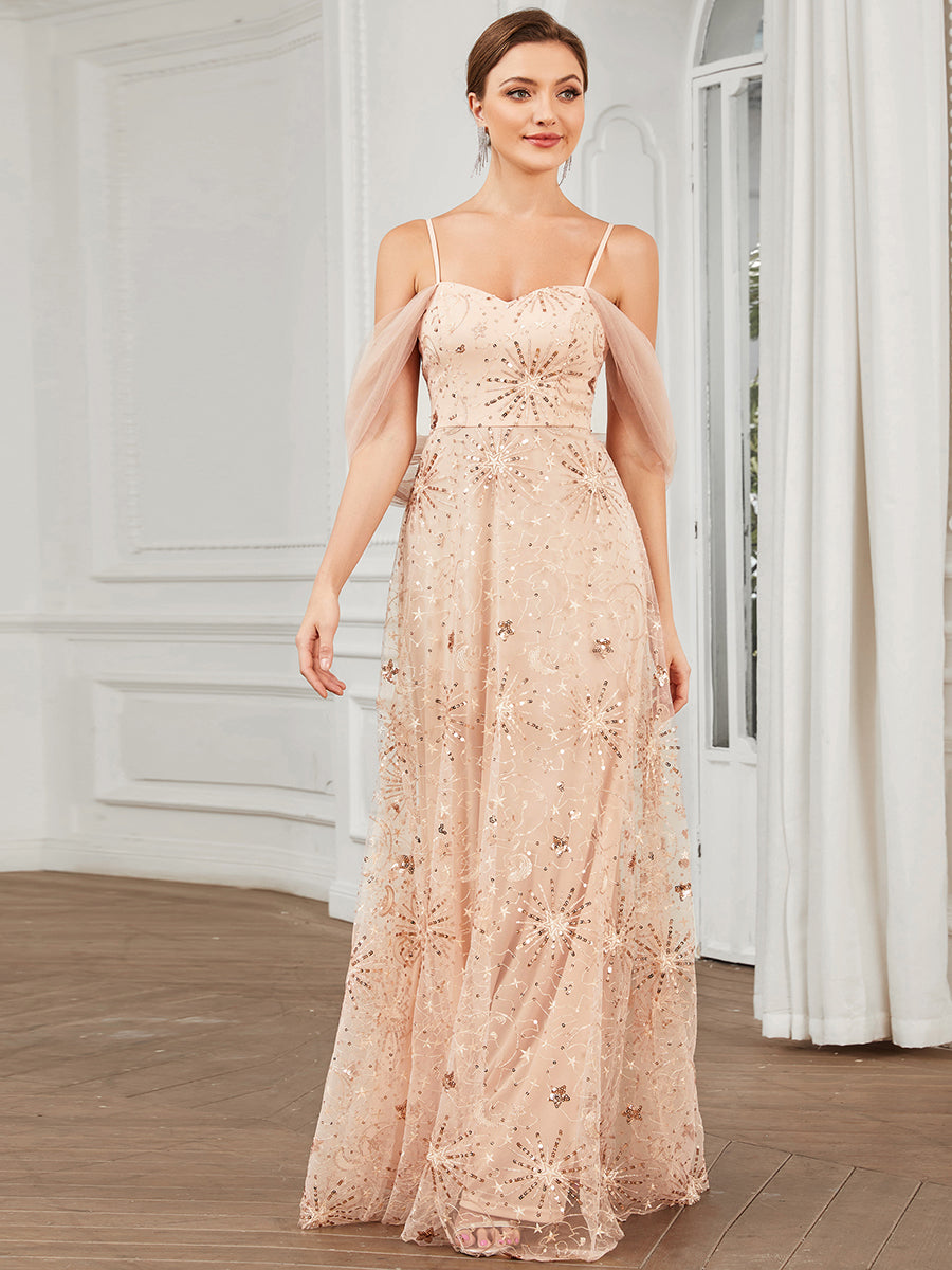 Robe de soirée drapée en tulle à sequins et épaules dénudées