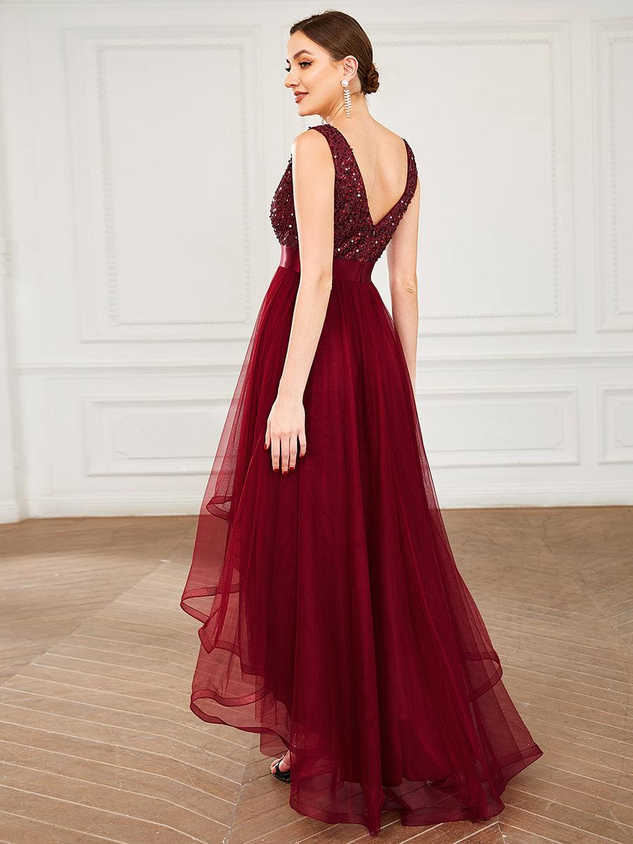 Robe de soirée haute basse sans manches à col en V et sequins #Couleur_Bordeaux