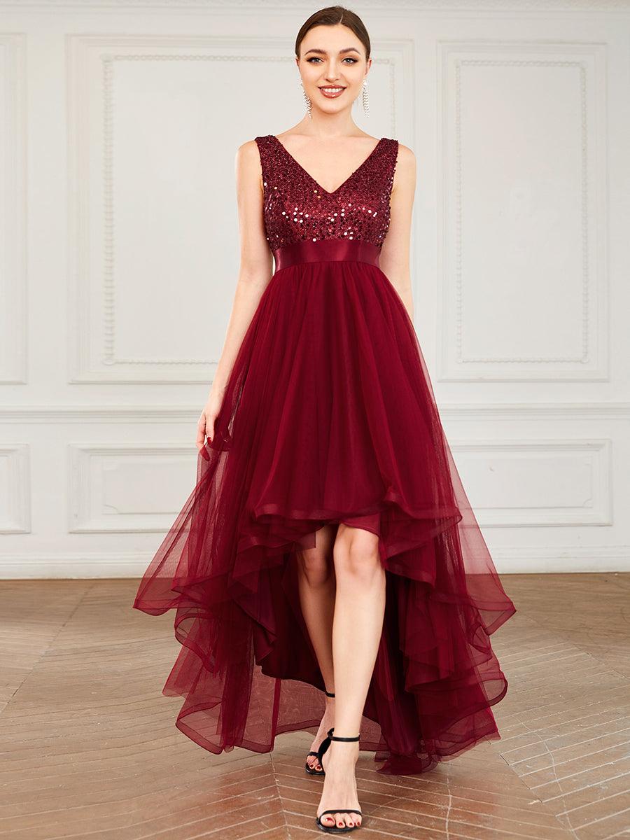 Robe de soirée haute basse sans manches à col en V et sequins #Couleur_Bordeaux