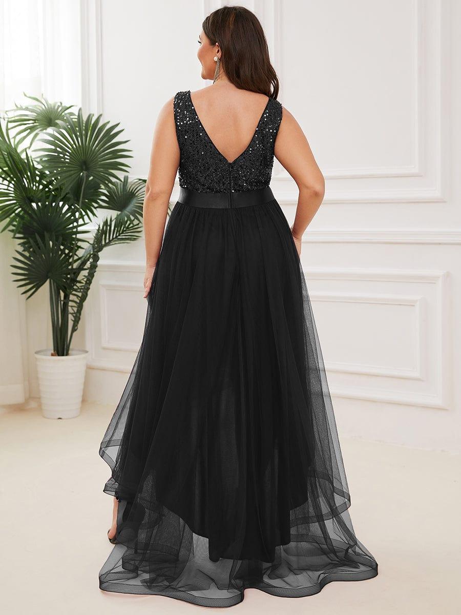 Robe de Soirée Haute Basse à Col en V à Paillettes de Grande Taille #Couleur_Noir