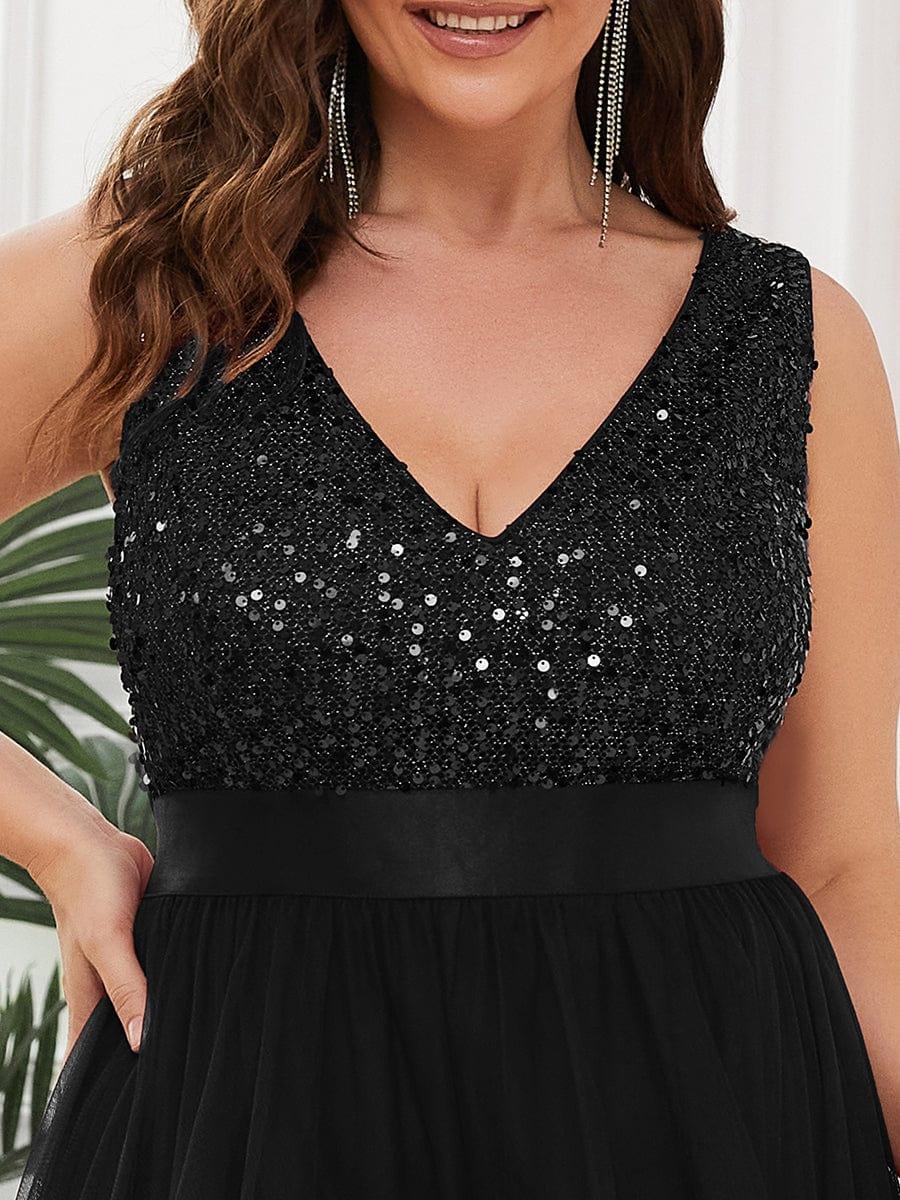 Robe de Soirée Haute Basse à Col en V à Paillettes de Grande Taille #Couleur_Noir