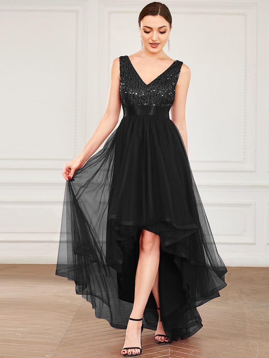Robe de soirée haute basse sans manches à col en V et sequins #Couleur_Noir