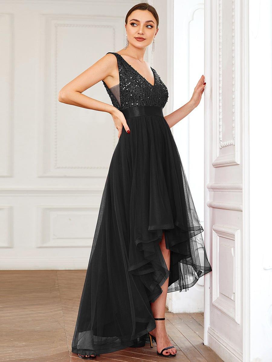 Robe de soirée haute basse sans manches à col en V et sequins #Couleur_Noir