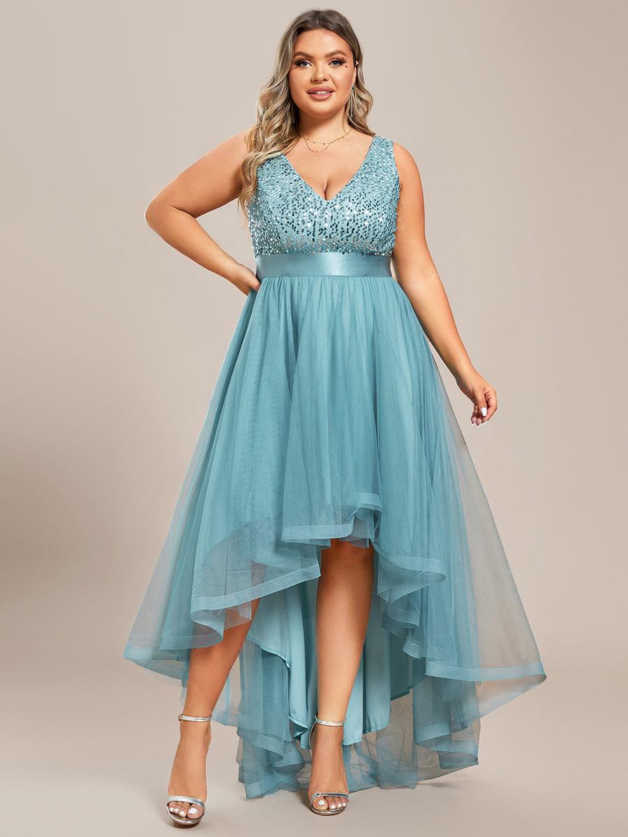 Robe de Soirée Haute Basse à Col en V à Paillettes de Grande Taille #Couleur_Bleu Fume