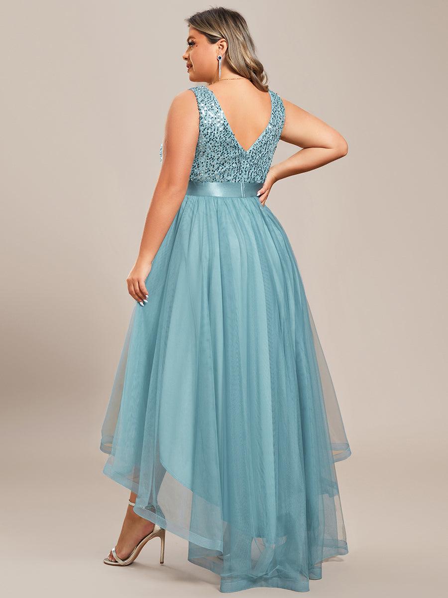Robe de Soirée Haute Basse à Col en V à Paillettes de Grande Taille #Couleur_Bleu Fume
