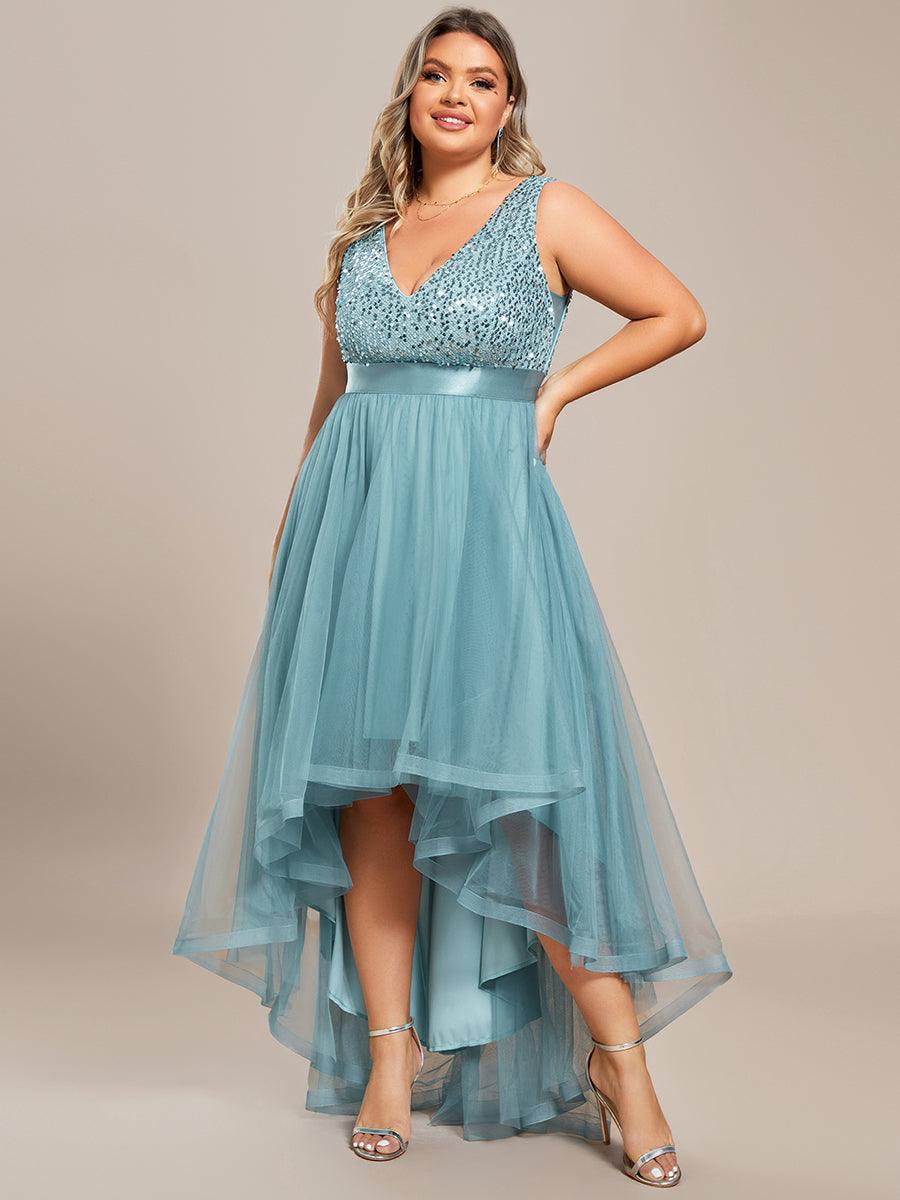 Robe de Soirée Haute Basse à Col en V à Paillettes de Grande Taille #Couleur_Bleu Fume