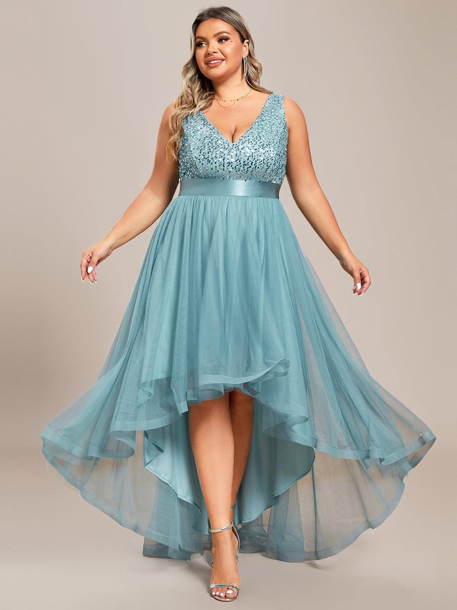 Robe de Soirée Haute Basse à Col en V à Paillettes de Grande Taille #Couleur_Bleu Fume