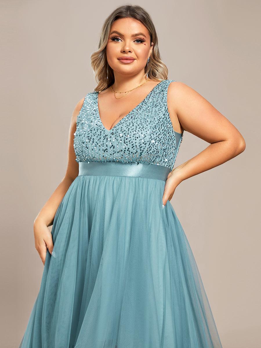 Robe de Soirée Haute Basse à Col en V à Paillettes de Grande Taille #Couleur_Bleu Fume