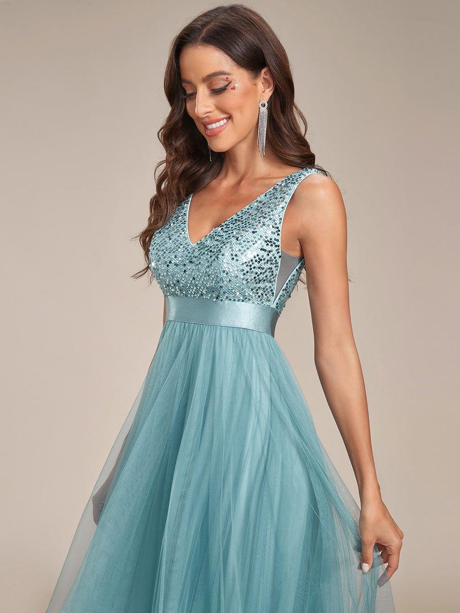 Robe de soirée haute basse sans manches à col en V et sequins #Couleur_Bleu Fume