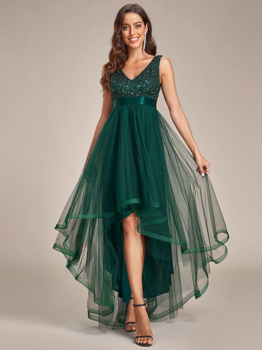 Robe de soirée Sans manches Bal et sequins haute-basse #Couleur_Vert Fonce