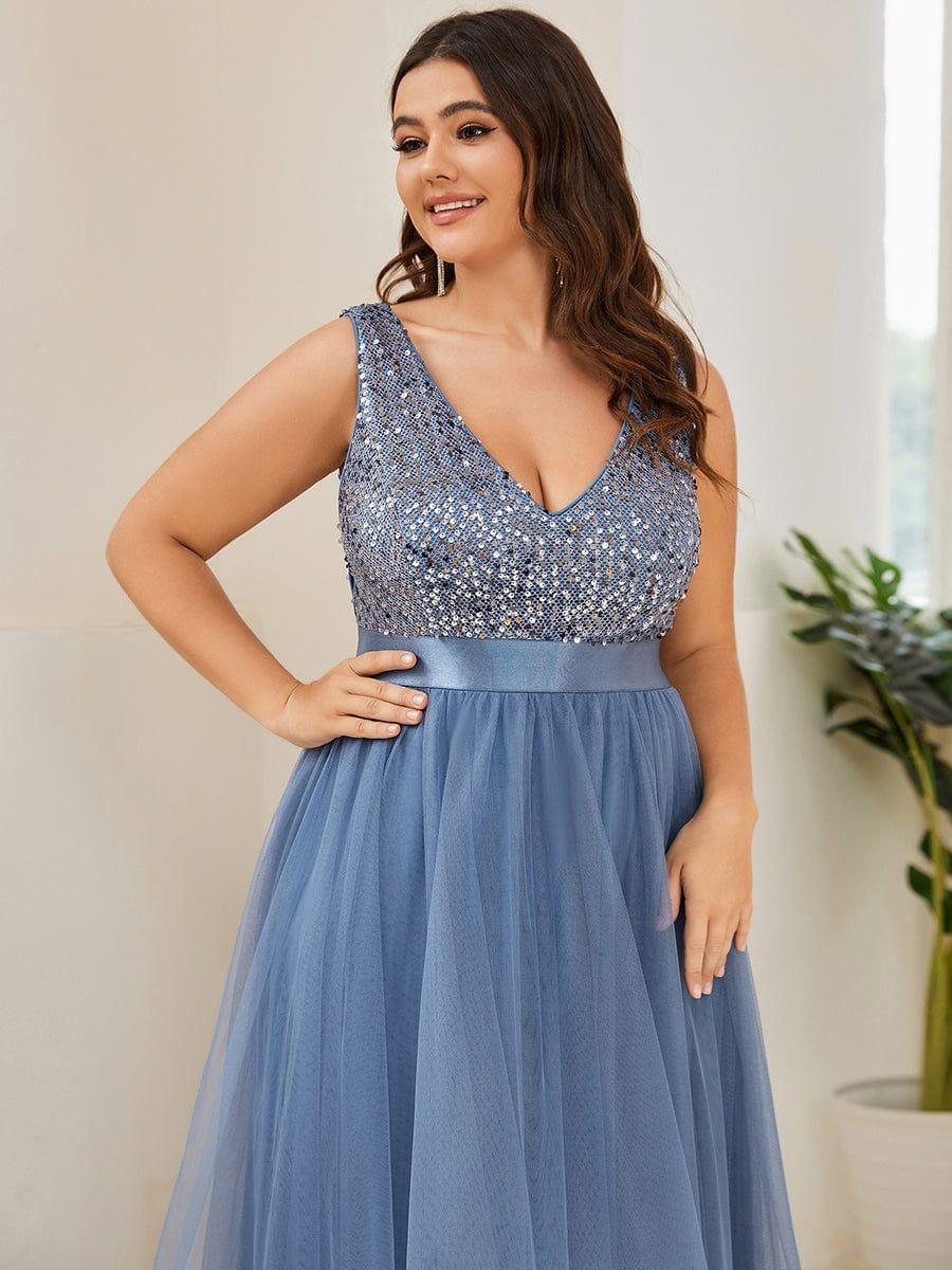 Robe de Soirée Haute Basse à Col en V à Paillettes de Grande Taille #Couleur_Marine Fume
