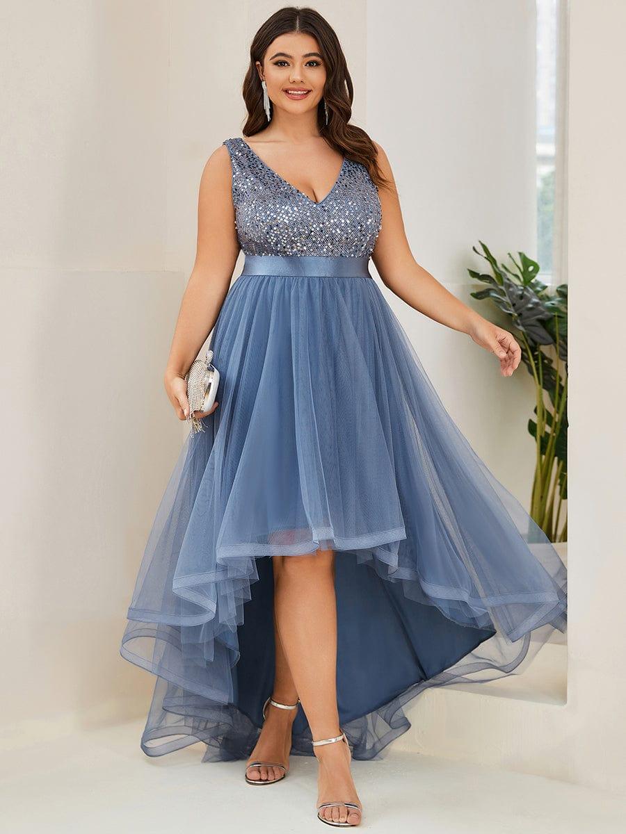 Robe de Soirée Haute Basse à Col en V à Paillettes de Grande Taille #Couleur_Marine Fume