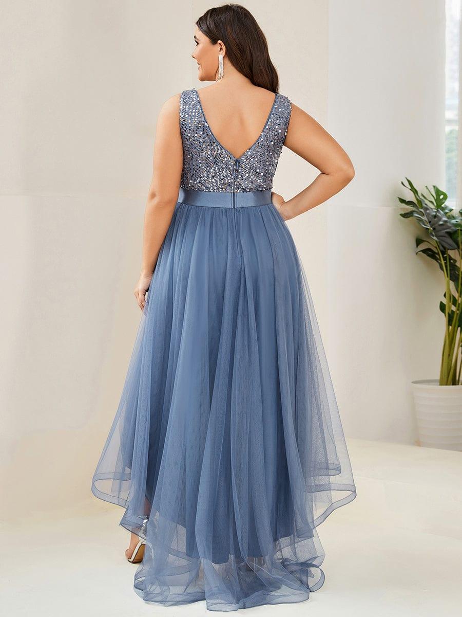 Robe de Soirée Haute Basse à Col en V à Paillettes de Grande Taille #Couleur_Marine Fume