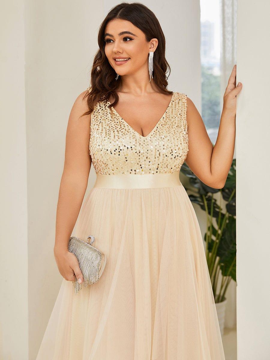 Robe de Soirée Haute Basse à Col en V à Paillettes de Grande Taille #Couleur_Or
