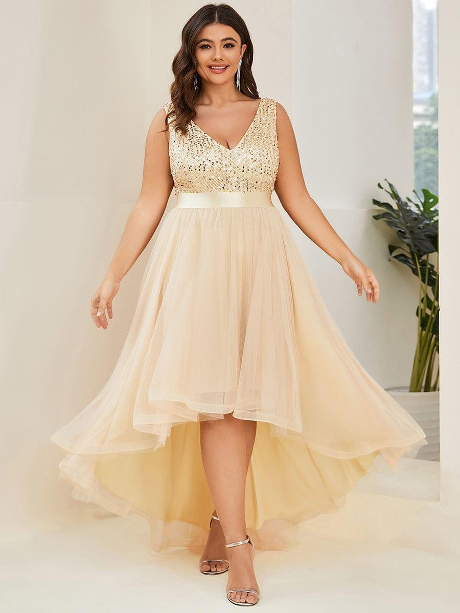 Robe de Soirée Haute Basse à Col en V à Paillettes de Grande Taille #Couleur_Or