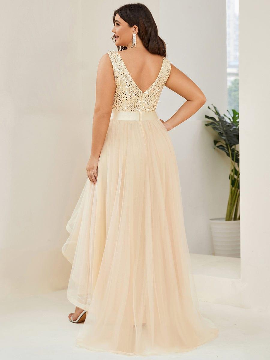 Robe de Soirée Haute Basse à Col en V à Paillettes de Grande Taille #Couleur_Or