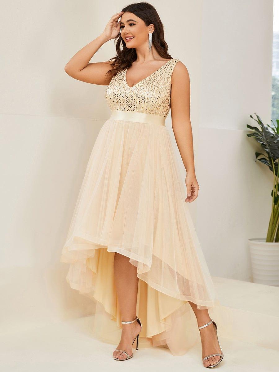 Robe de Soirée Haute Basse à Col en V à Paillettes de Grande Taille #Couleur_Or