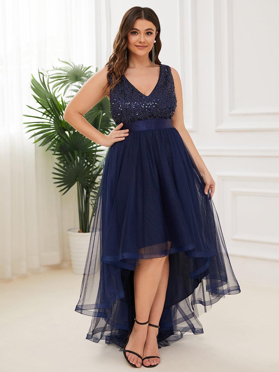 Robe de Soirée Haute Basse à Col en V à Paillettes de Grande Taille