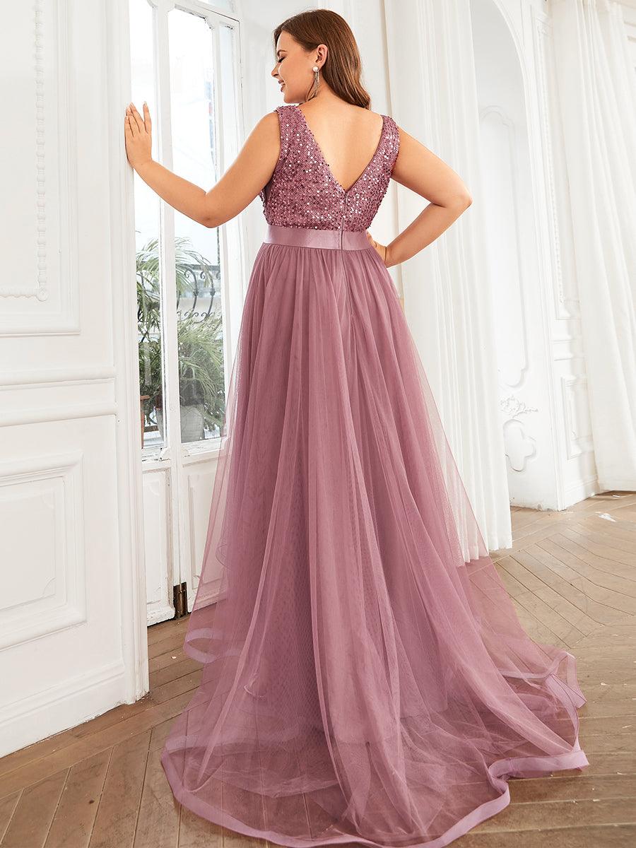 Robe de Soirée Haute Basse à Col en V à Paillettes de Grande Taille #Couleur_Orchidee