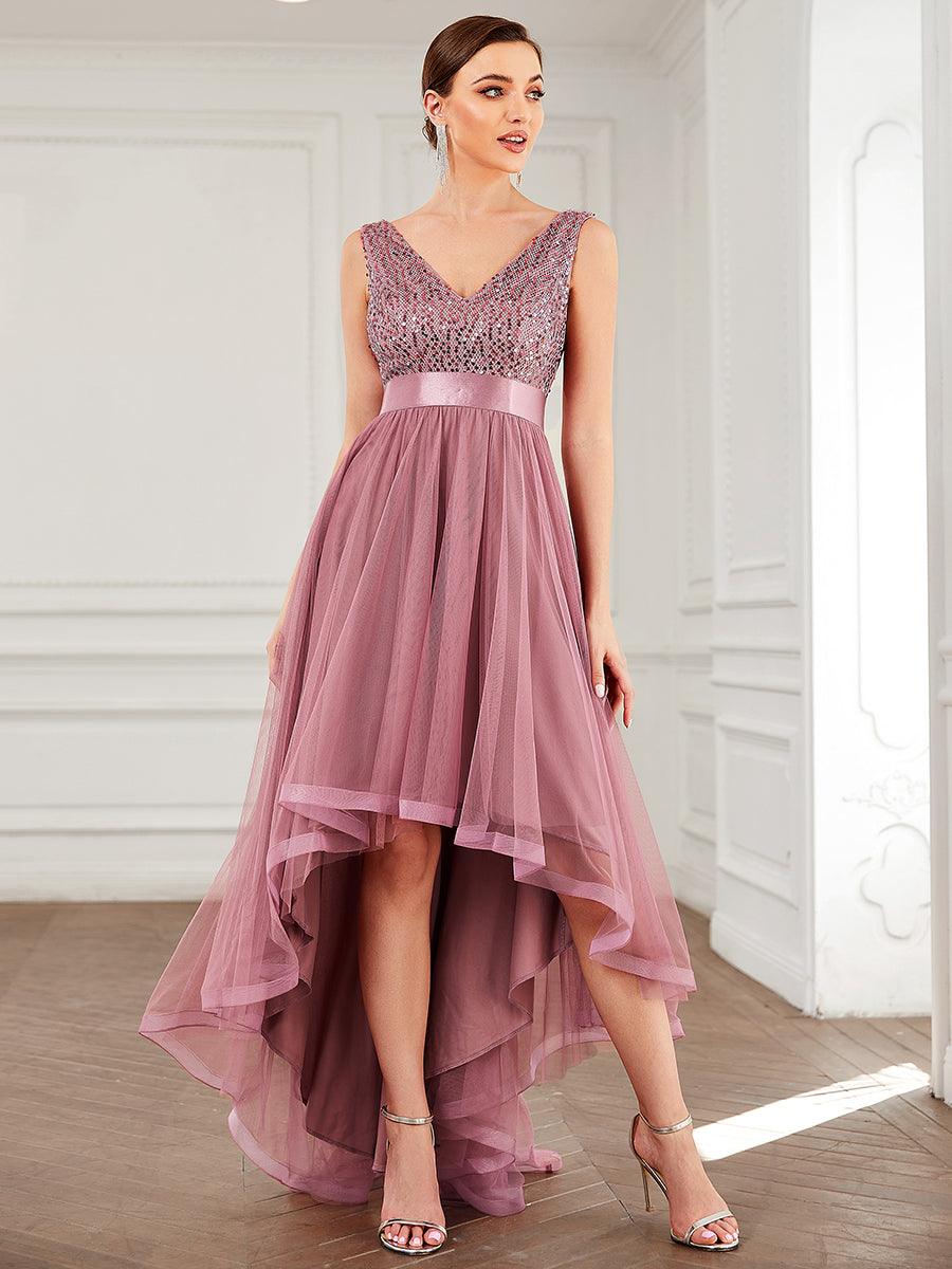 Robe de soirée haute basse sans manches à col en V et sequins #Couleur_Orchidee