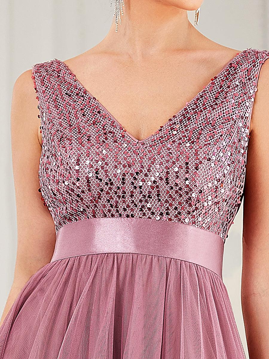 Robe de soirée haute basse sans manches à col en V et sequins #Couleur_Orchidee
