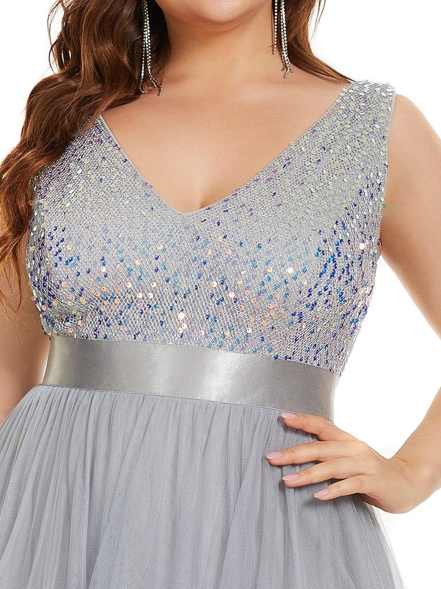 Robe de Soirée Haute Basse à Col en V à Paillettes de Grande Taille