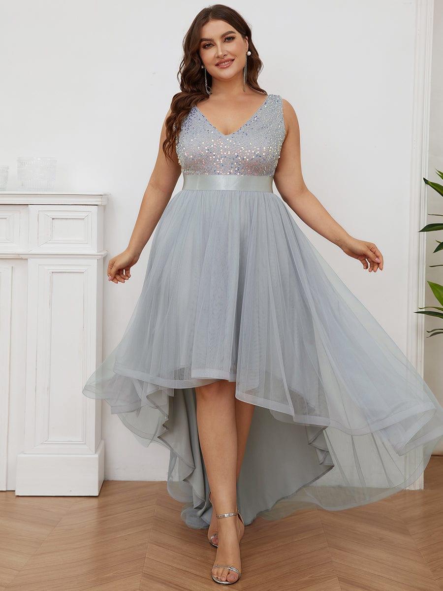 Robe de Soirée Haute Basse à Col en V à Paillettes de Grande Taille #Couleur_Argent