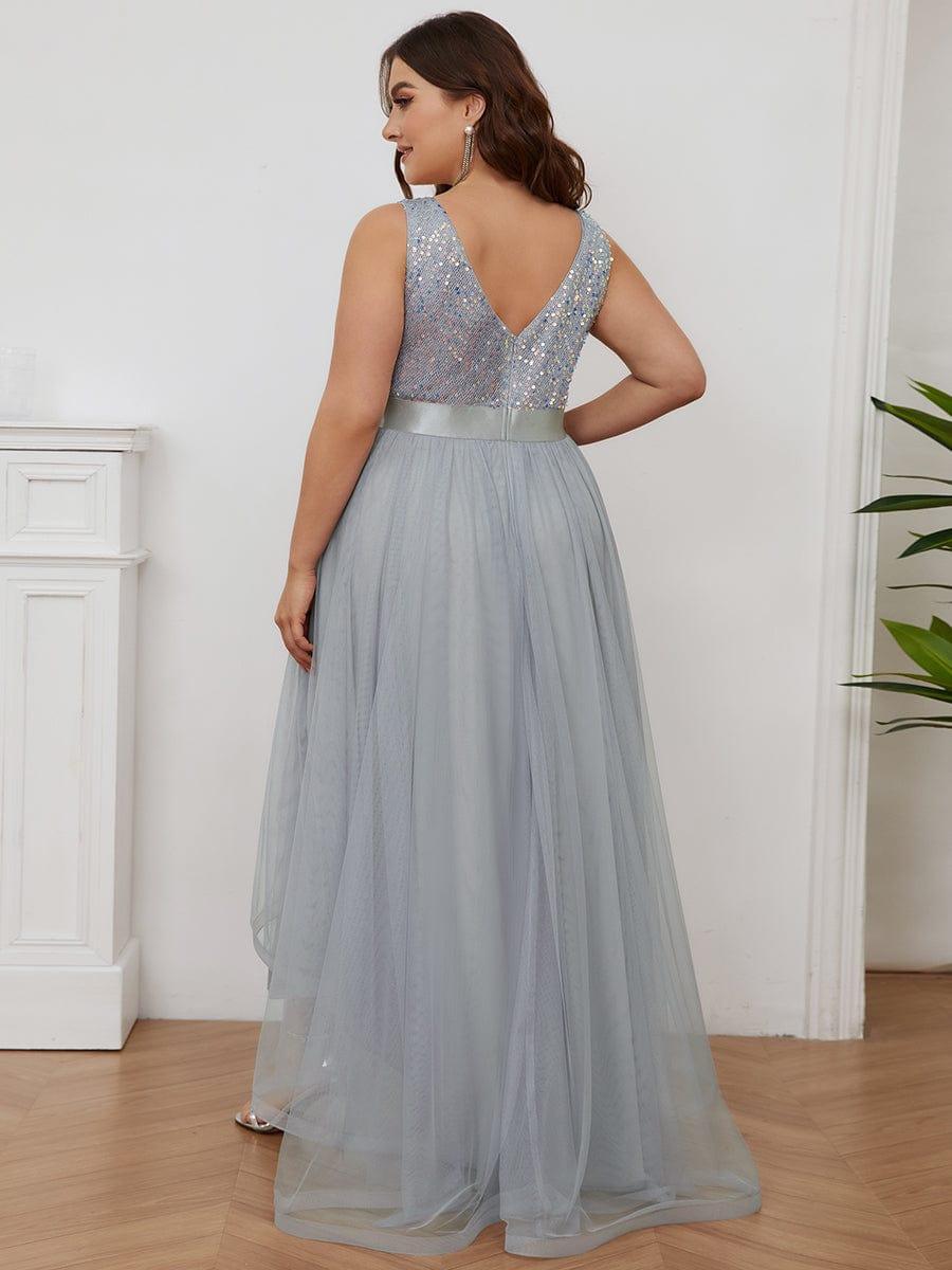 Robe de Soirée Haute Basse à Col en V à Paillettes de Grande Taille #Couleur_Argent