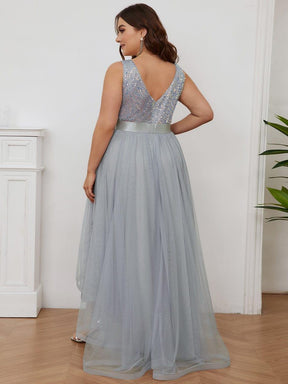 Robe de Soirée Haute Basse à Col en V à Paillettes de Grande Taille