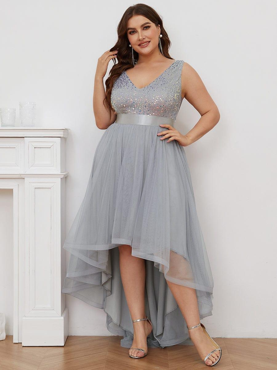 Robe de Soirée Haute Basse à Col en V à Paillettes de Grande Taille #Couleur_Argent