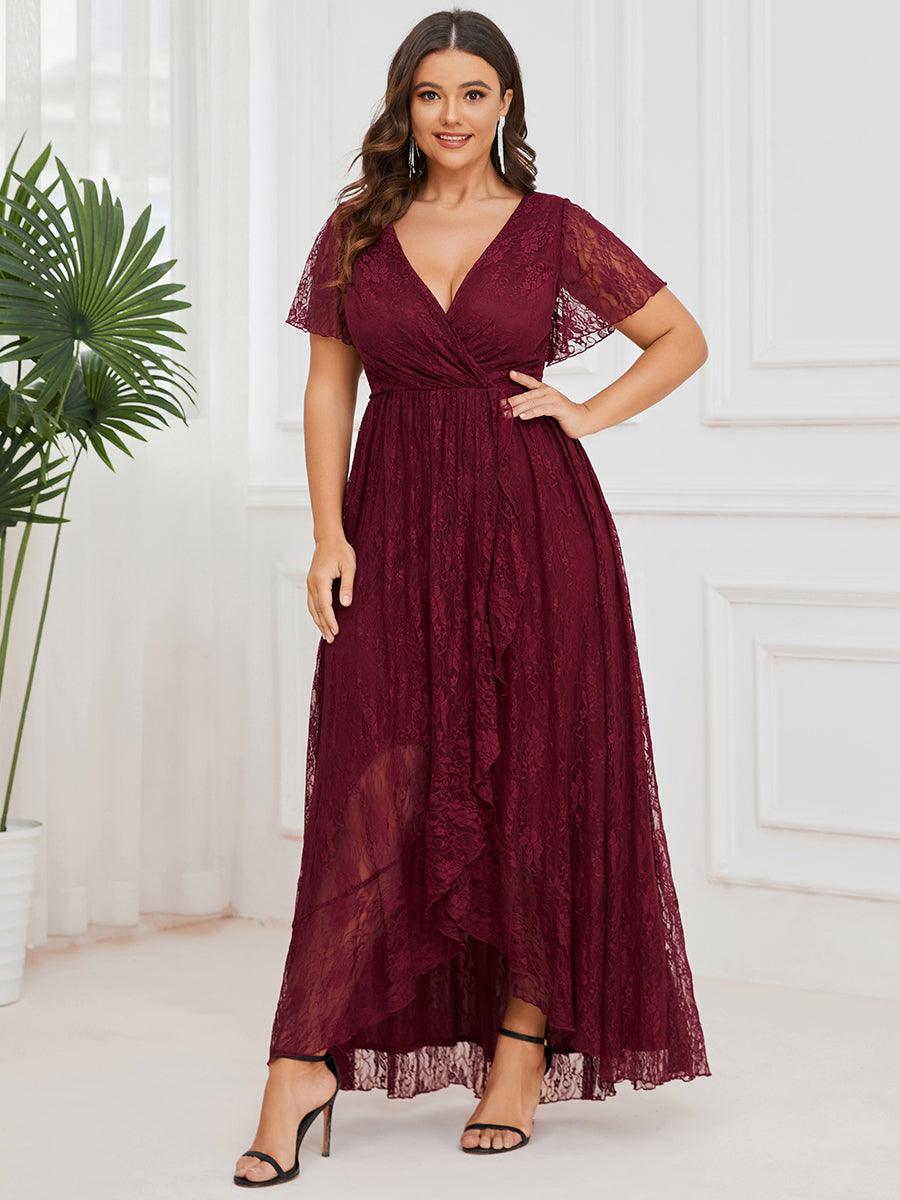 Robe de soirée en dentelle plissée à manches courtes et col en V Grande taille #Couleur_Bordeaux