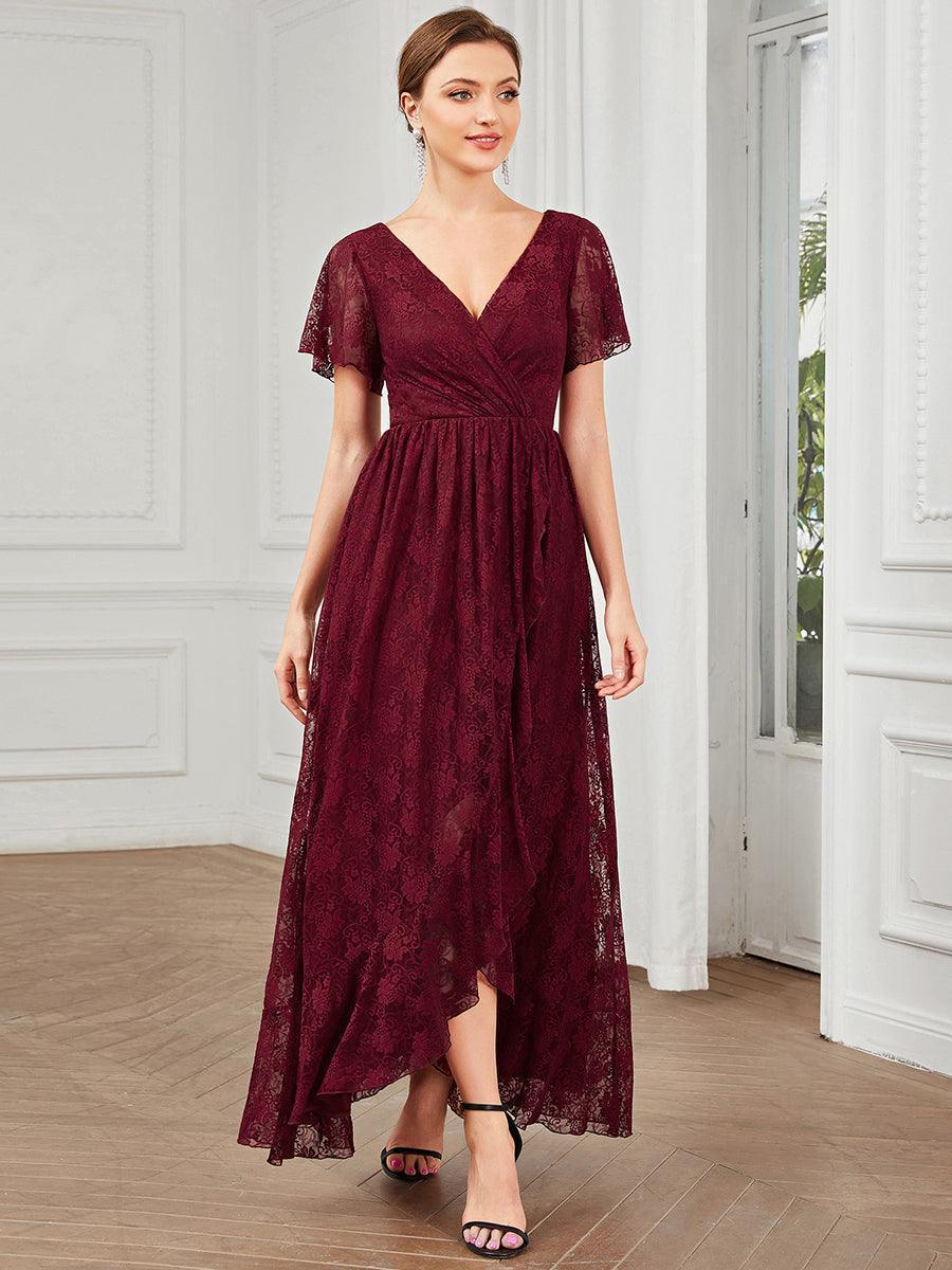 Robe de soirée en dentelle plissée à manches courtes et col en V #Couleur_Bordeaux