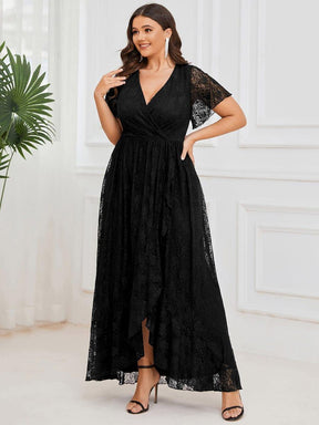 Robe de soirée en dentelle plissée à manches courtes et col en V Grande taille