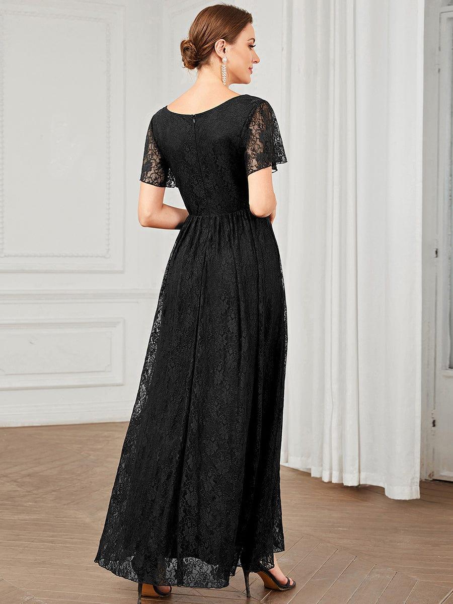 Robe de soirée en dentelle plissée à manches courtes et col en V #Couleur_Noir