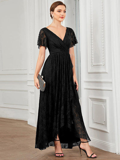 ever ELISE|Robe d'invité en dentelle plissée à manches courtes et col V
