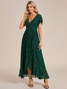Robe de soirée en dentelle plissée à manches courtes et col en V #Couleur_Vert Fonce