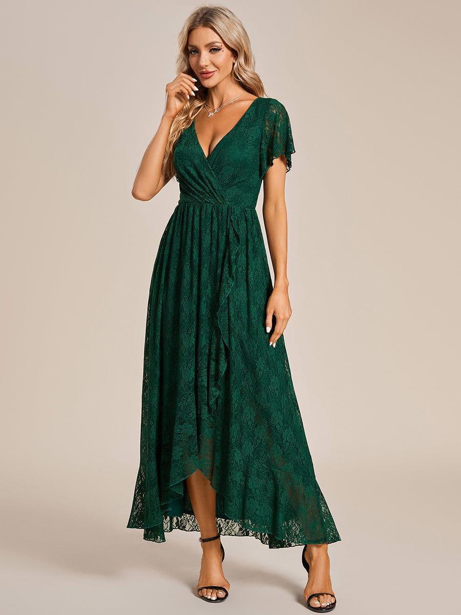 Robe de soirée en dentelle plissée à manches courtes et col en V #Couleur_Vert Fonce