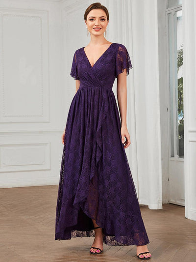 ever ELISE|Robe de soirée en dentelle plissée à manches courtes et col en V