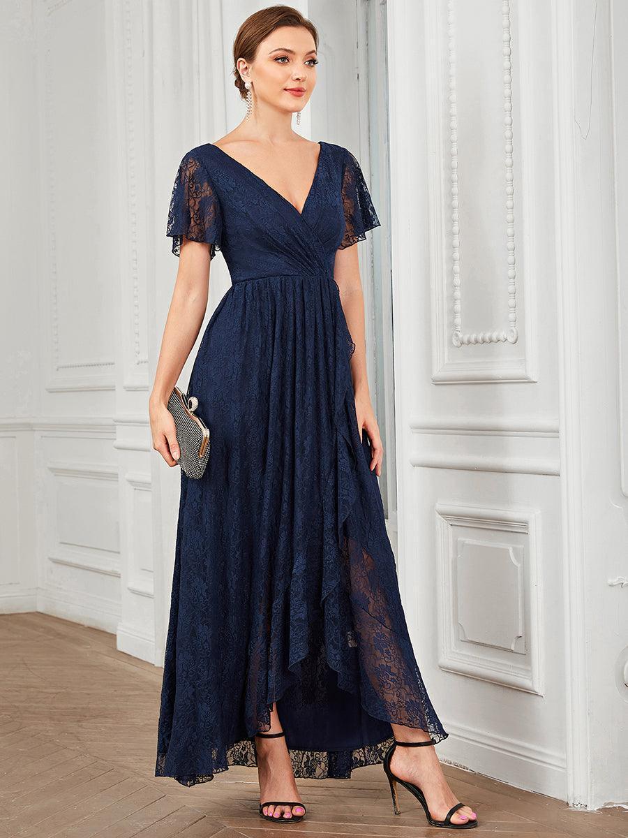 Robe de soirée en dentelle plissée à manches courtes et col en V #Couleur_Bleu Marine