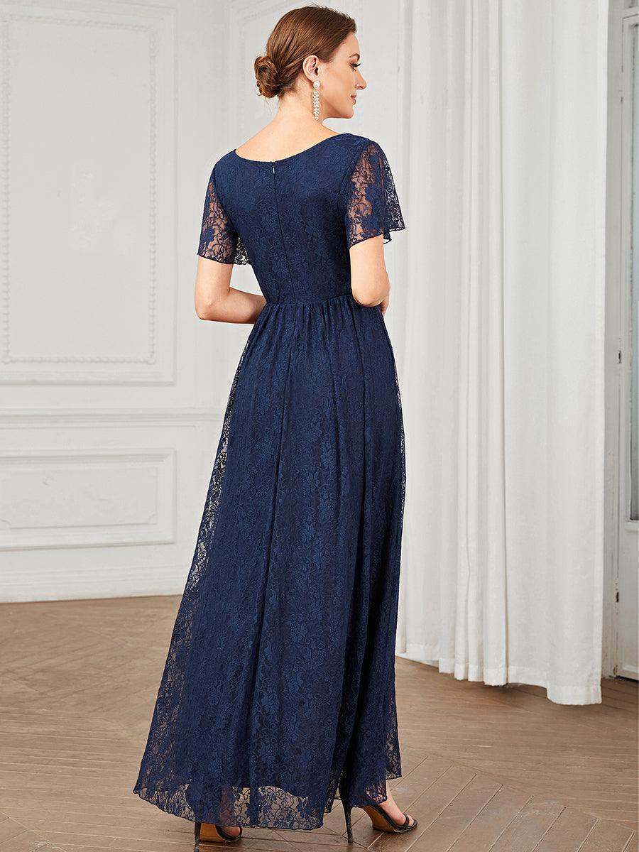 Robe de soirée en dentelle plissée à manches courtes et col en V #Couleur_Bleu Marine