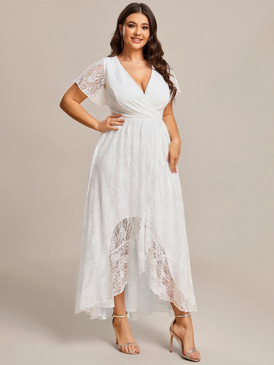 Robe de soirée en dentelle plissée à manches courtes et col en V Grande taille #Couleur_Blanc