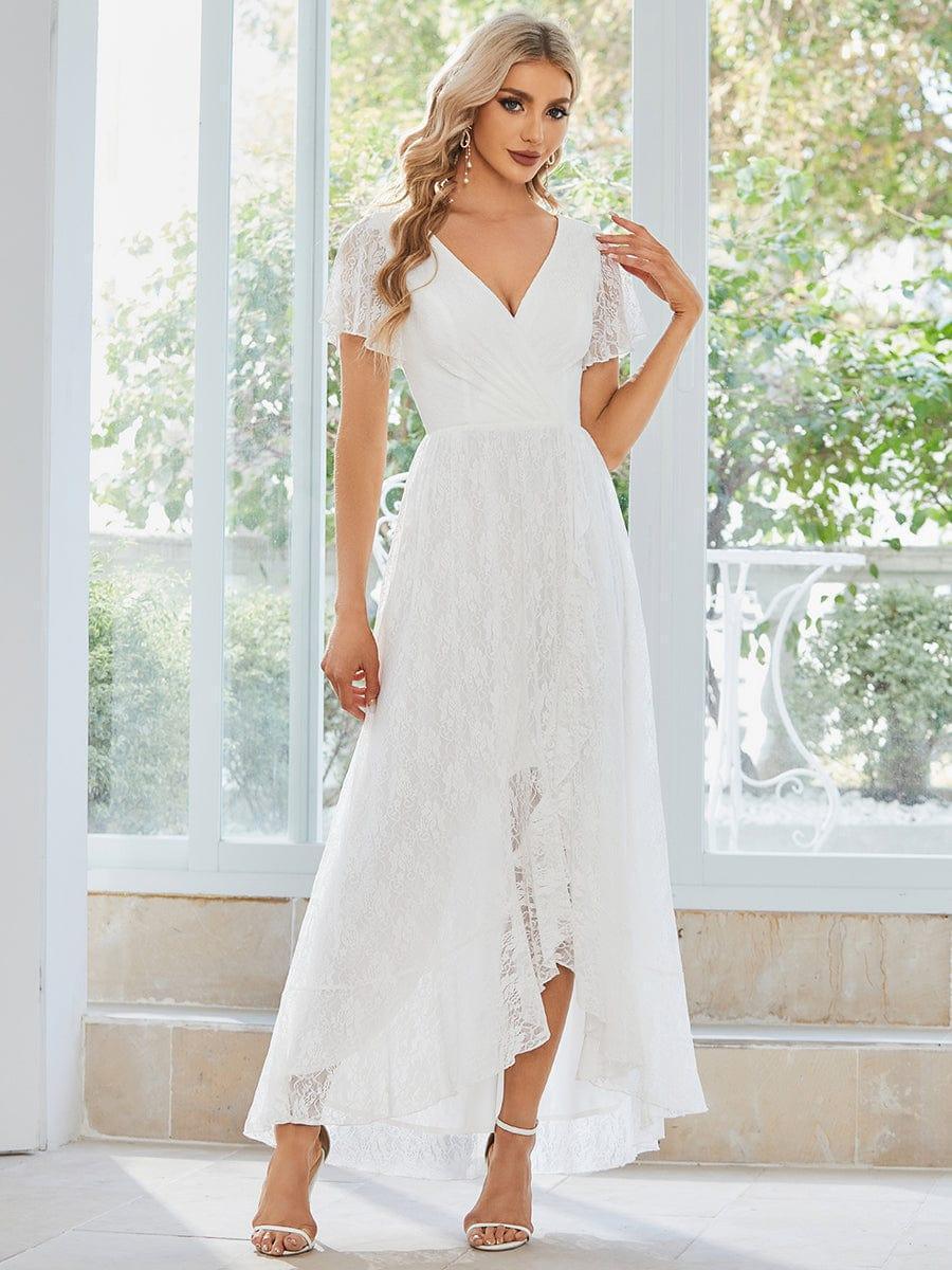 Robe de soirée en dentelle plissée à manches courtes et col en V #Couleur_Blanc