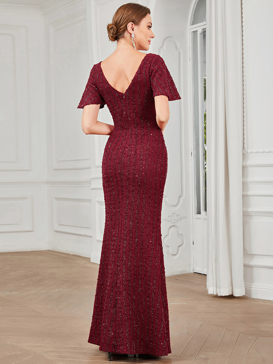 Robe de soirée Sequins moulante Manches courtes Encolure en V #Couleur_Bordeaux